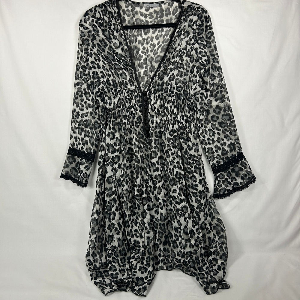 L-C Fashion Black and White Leopard Print Sheer Dress Long Sleeve Boho Tunic M